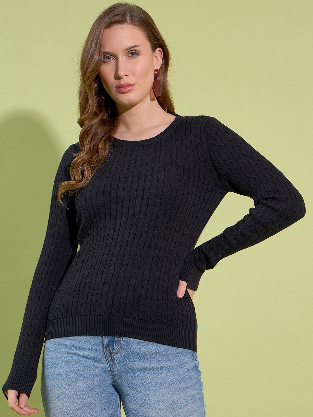 

98 Degree North Self Design Cable Knit Pullover Sweater, Black