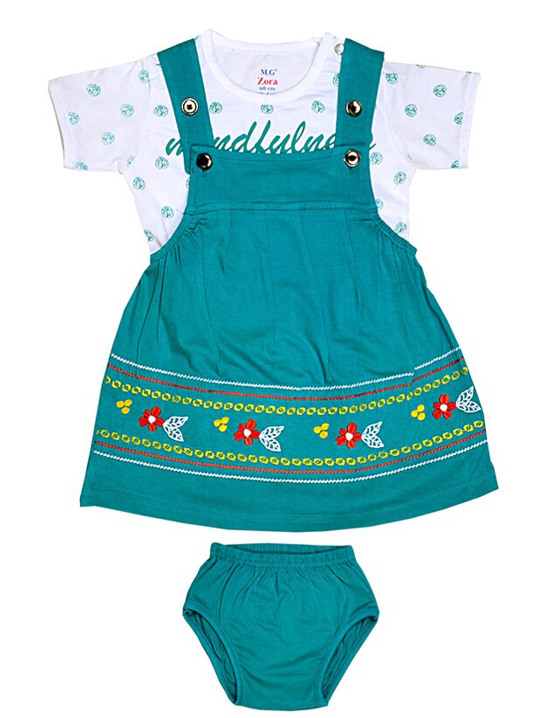 

BAESD Girls Printed Pinafore Pure Cotton Dress With T-shirt & Brief, Green