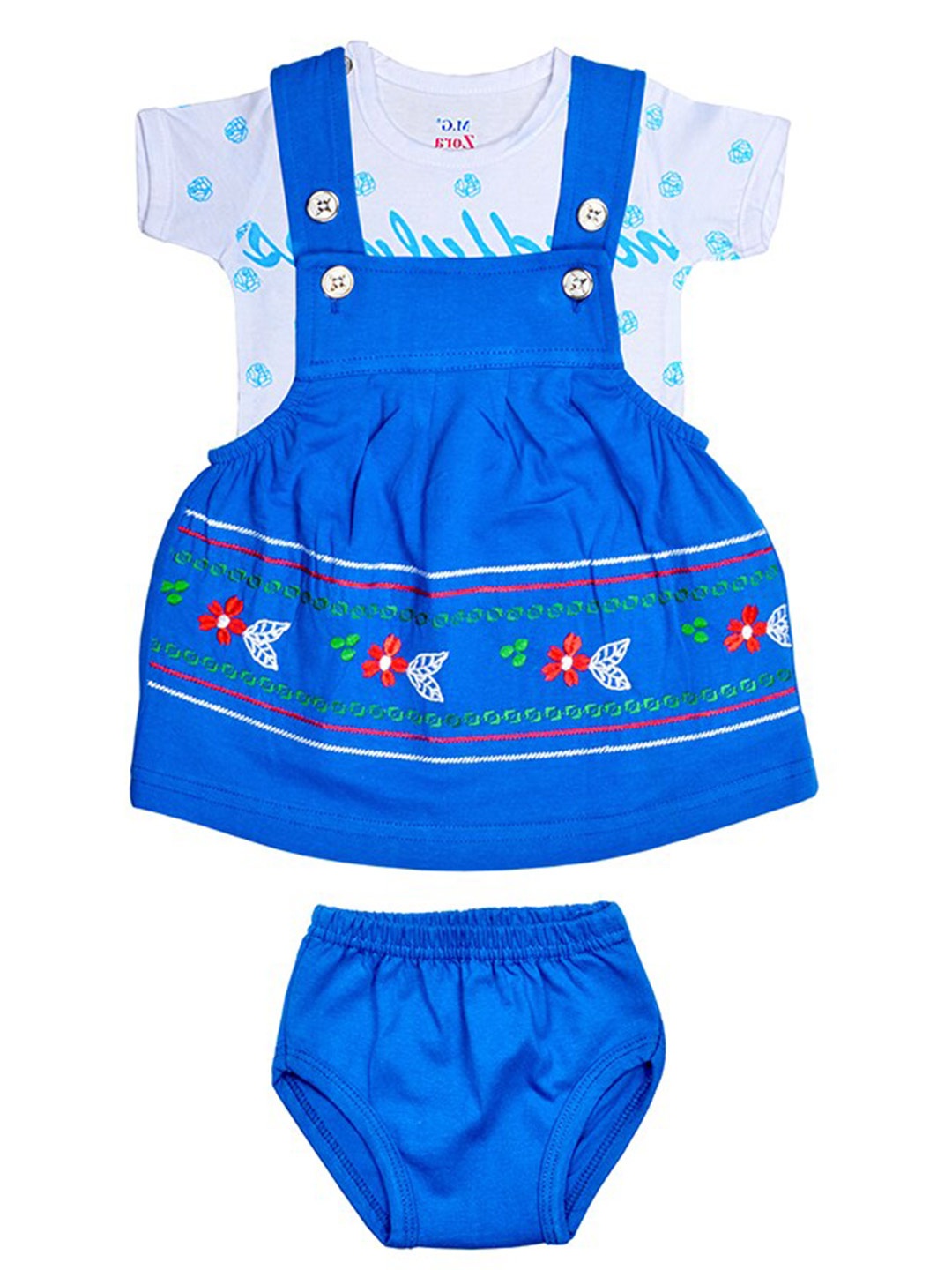 

BAESD Girls Printed Pinafore Pure Cotton Dress With T-shirt & Brief, Blue