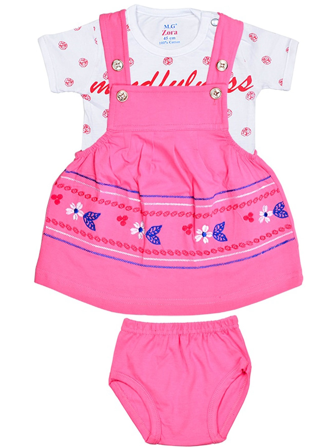 

BAESD Printed Pure Cotton Pinafore Dress With T-shirt & Brief, Pink
