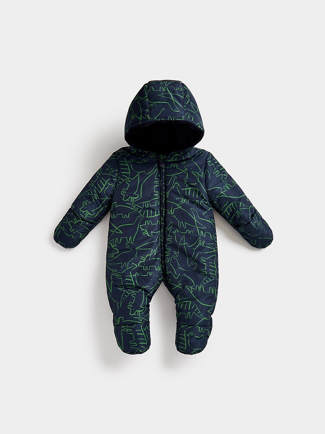 

mothercare Infants Conversational Printed Hooded Pure Cotton Sleepsuit, Navy blue