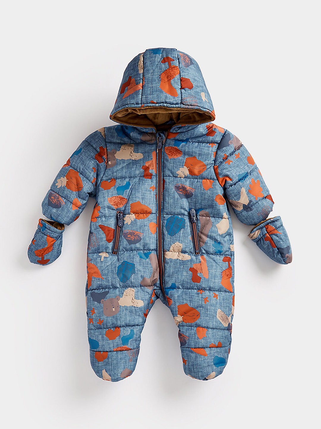 

mothercare Infant Kids Abstract Printed Pure Cotton Hooded Snowsuit, Blue