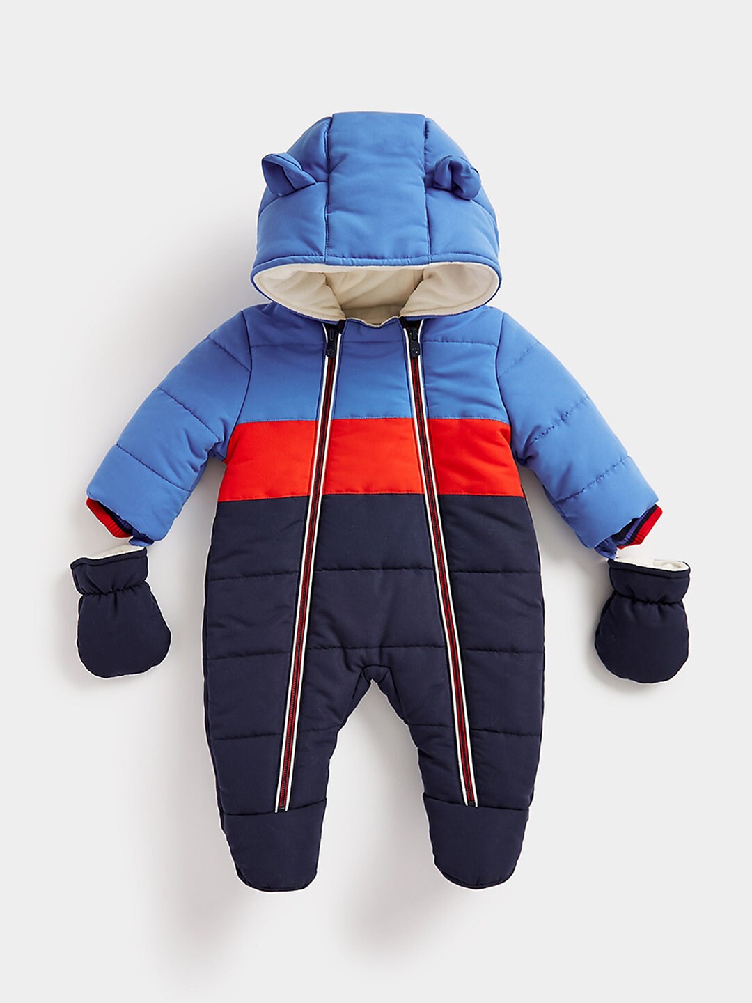 

mothercare Infant Kids Colorblocked Pure Cotton Hooded Snowsuit, Blue