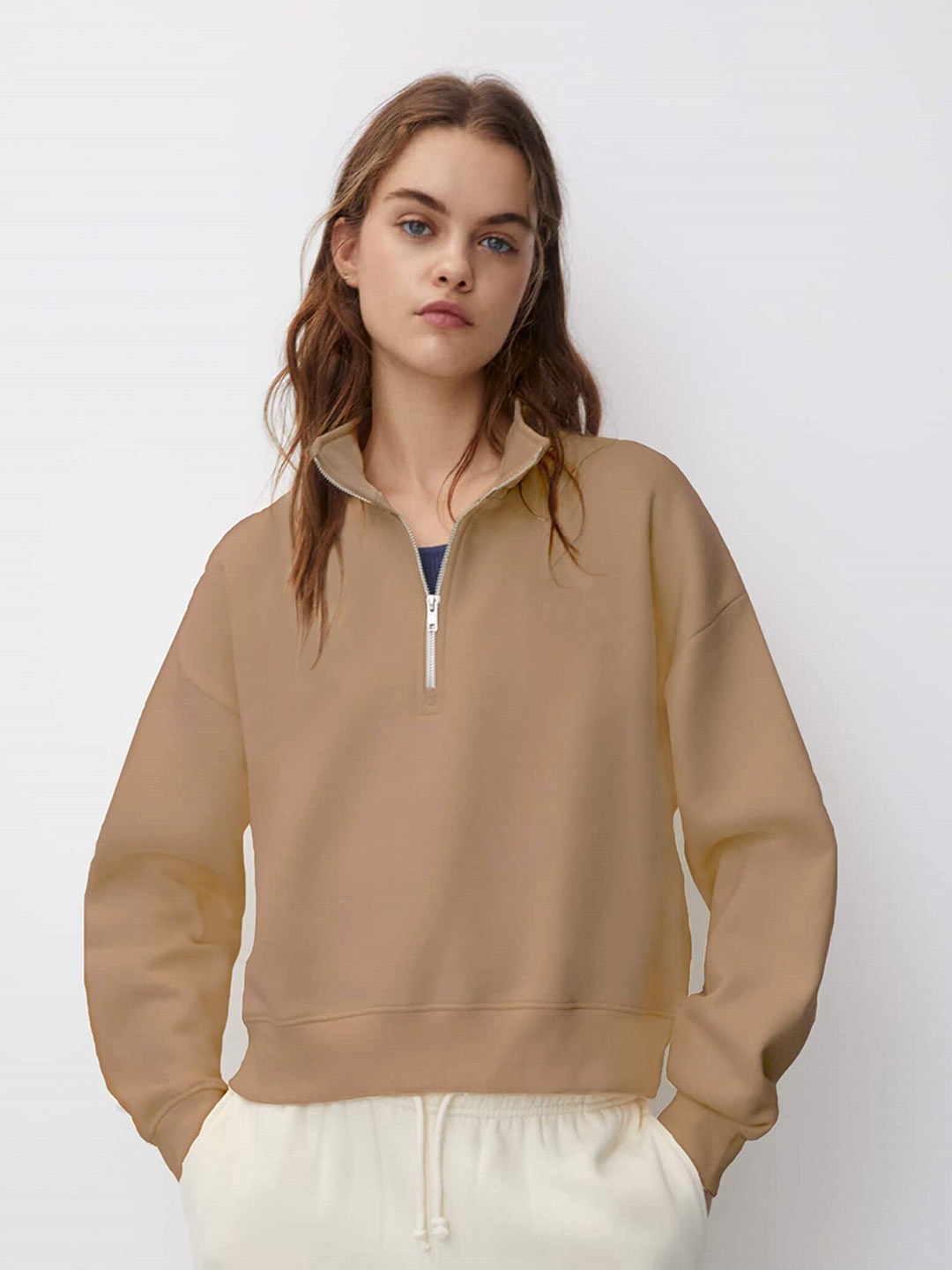 

MISCHIEF MONKEY Mock Collar Cotton Fleece Pullover Sweatshirt, Beige