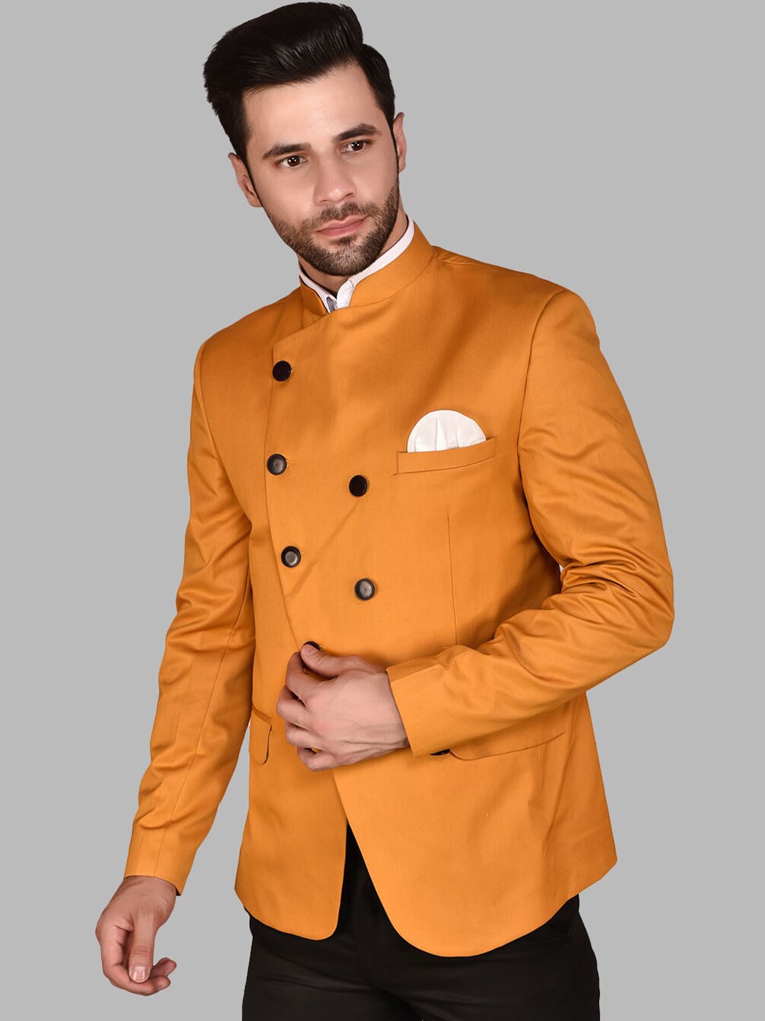 

PRINTCULTR Mandarin Collar Bandhgala Blazer, Orange