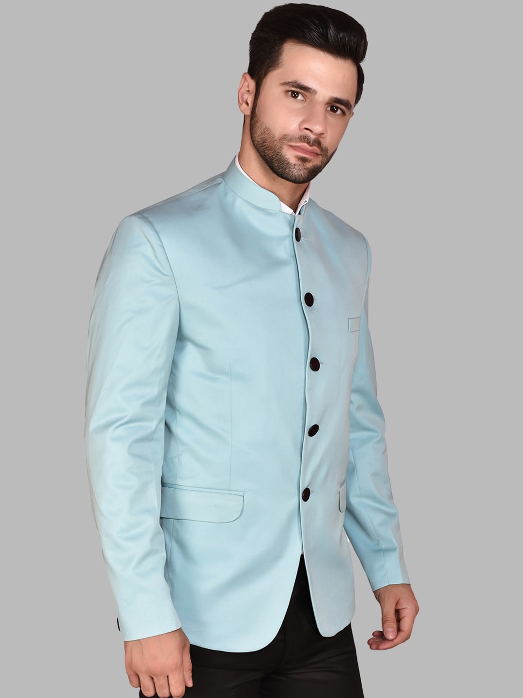 

PRINTCULTR Mandarin Collar Regular-Fit Bandhgala Blazer, Blue