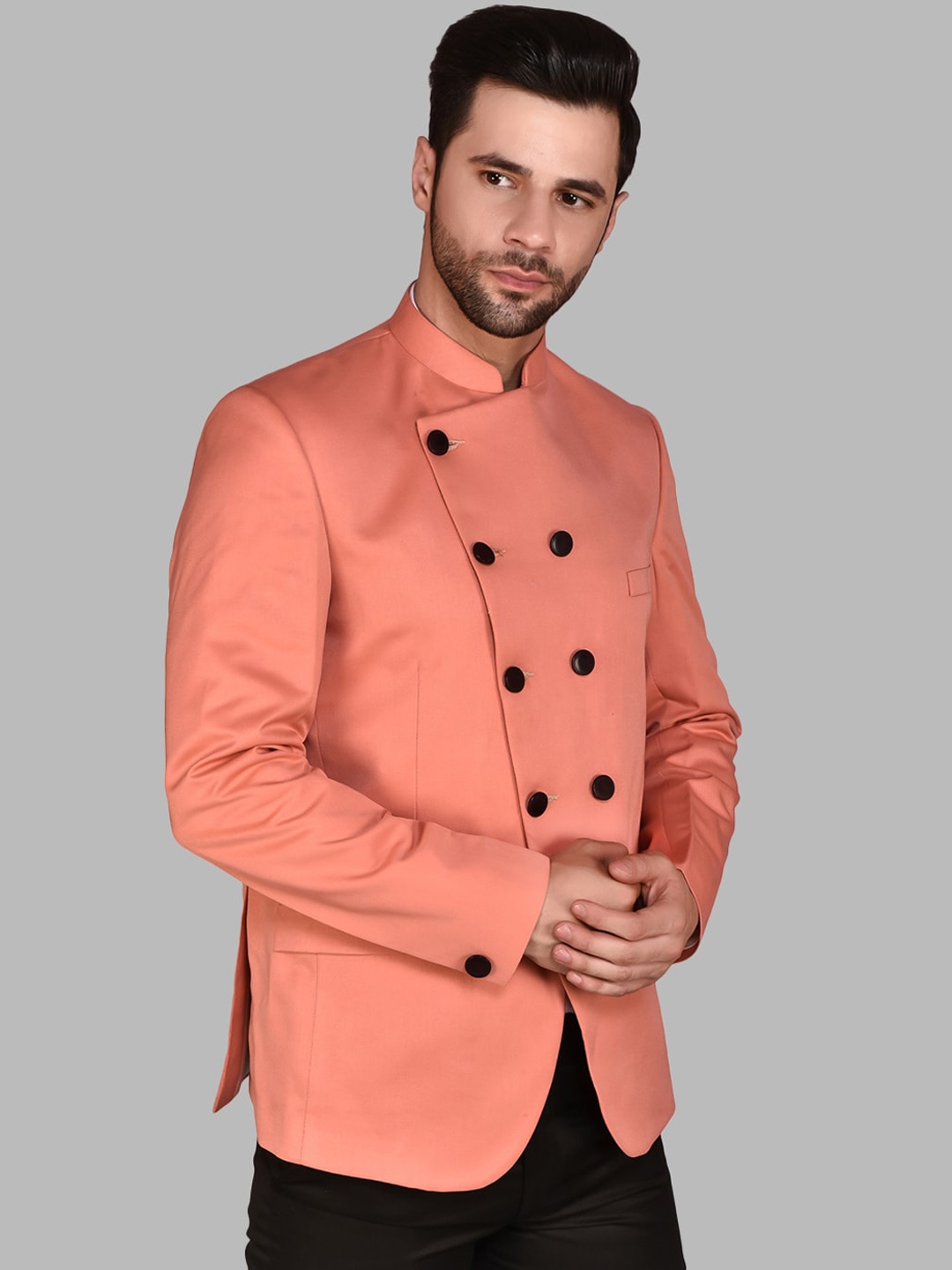 

PRINTCULTR Mandarin Collar Long Sleeves Regular Fit Bandhgala, Coral