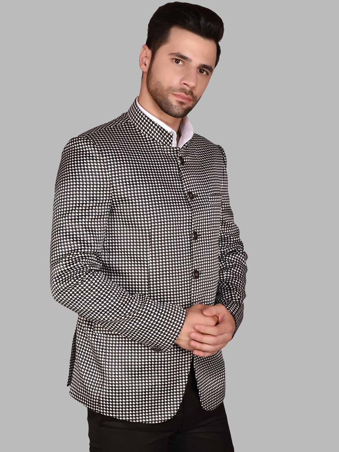 

PRINTCULTR Printed Mandarin Collar Regular-Fit Single Breasted Blazer, Black