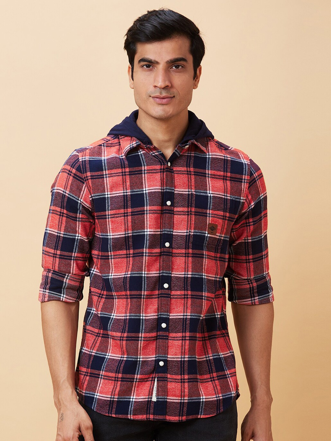 

Being Human Tartan Checked Hooded Slim Fit Shirt, Red