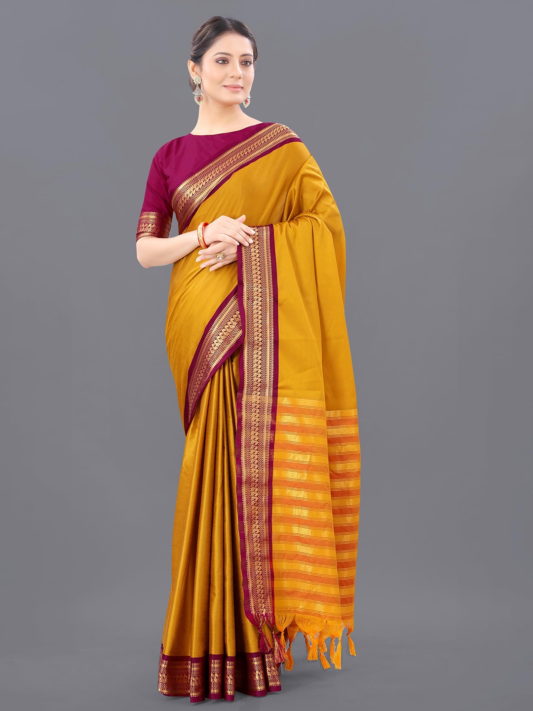

DWINI Ethnic Motifs Woven Design Silk Cotton Zari Saree, Mustard