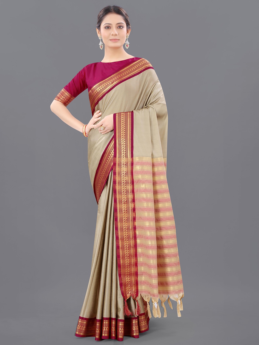 

DWINI Ethnic Motifs Woven Design Silk Cotton Zari Saree, Beige