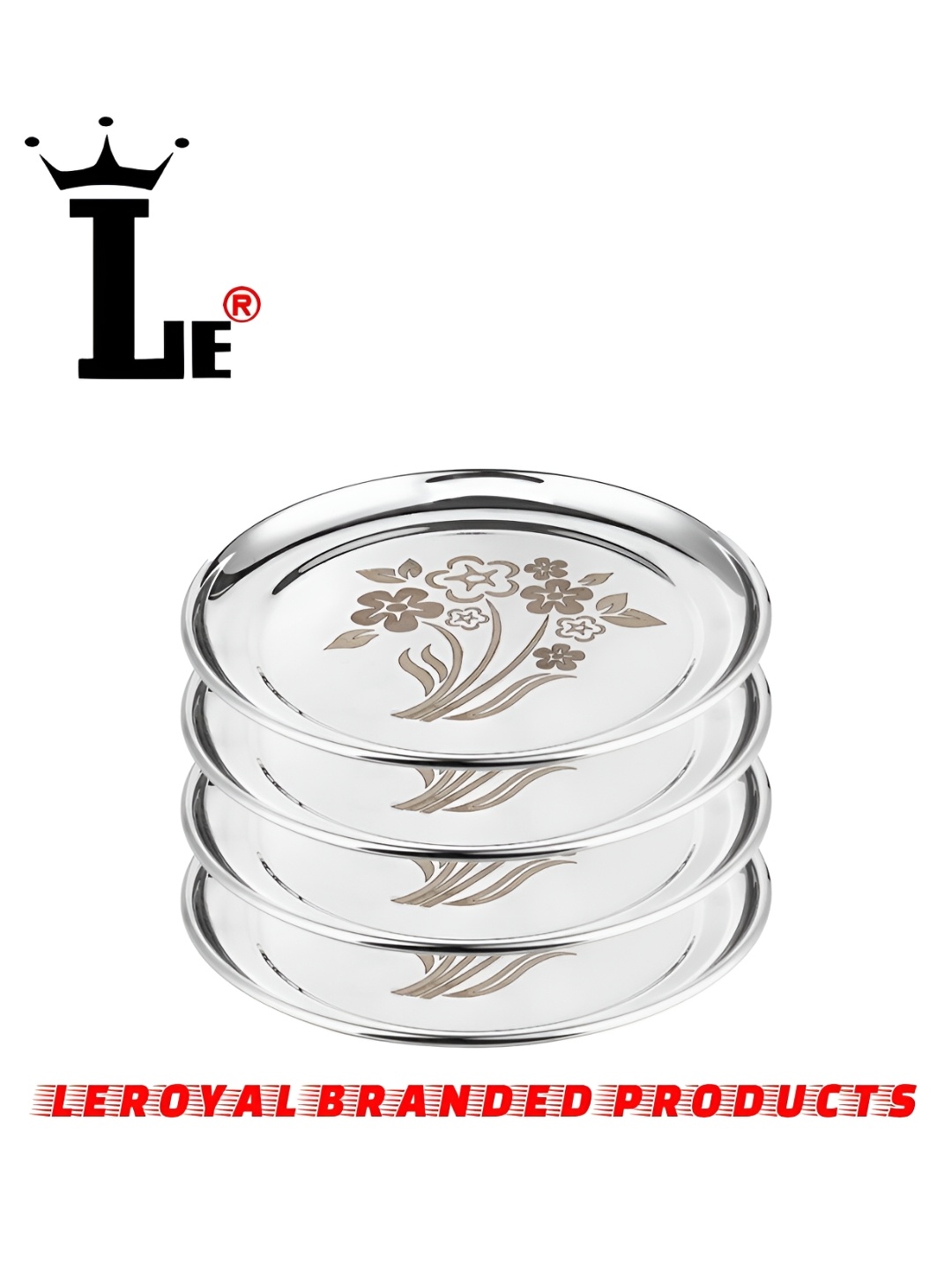 

LEROYAL Silver Toned 4 Pieces Stainless Steel Glossy Plates