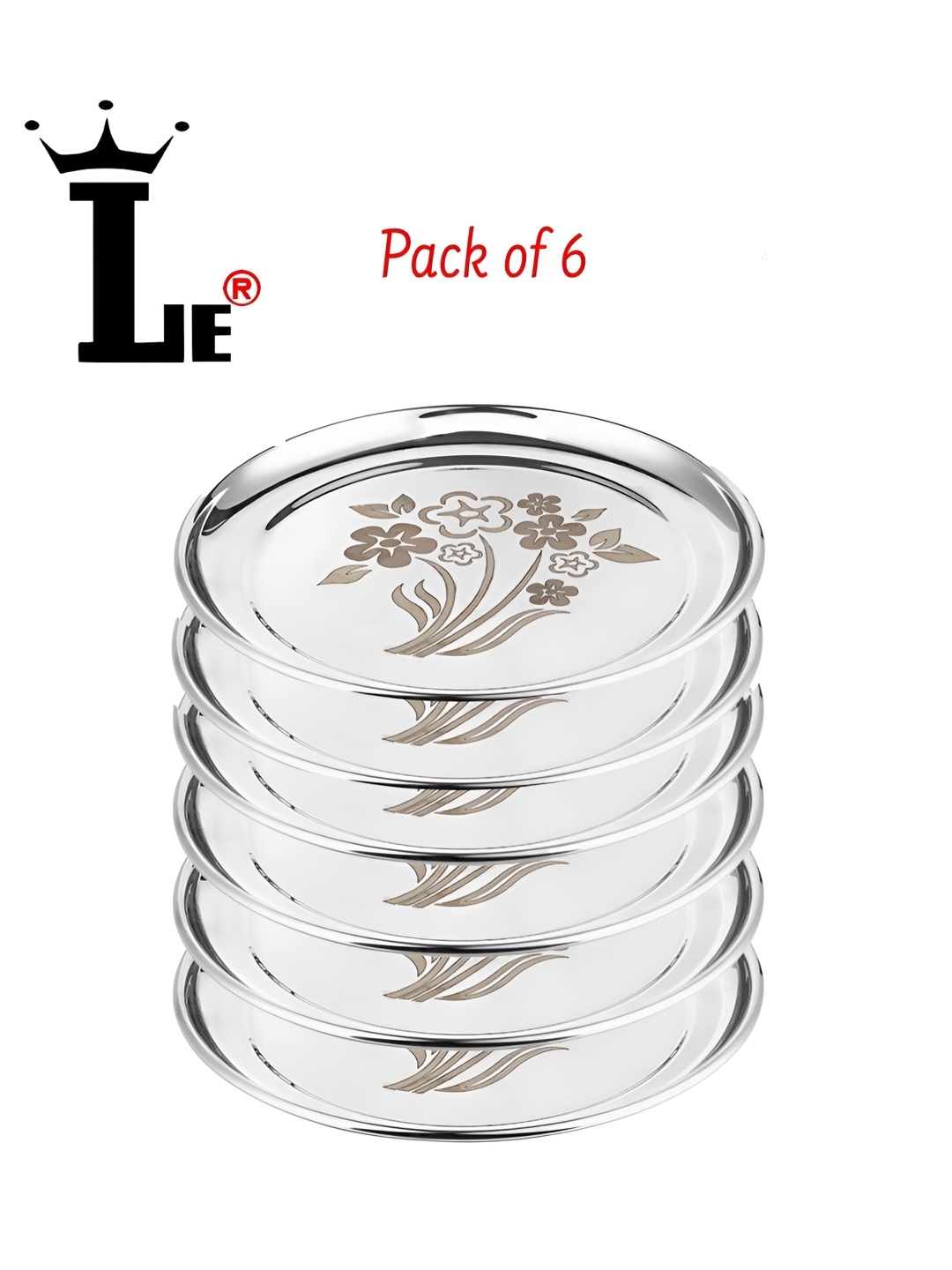 

LEROYAL Silver Toned 6 Pieces Stainless Steel Glossy Plates