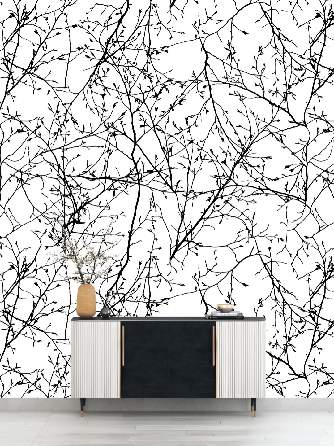 

DWELLSINDIA White & Black Branches Self-Adhesive Wall Grain Textured Wallpaper