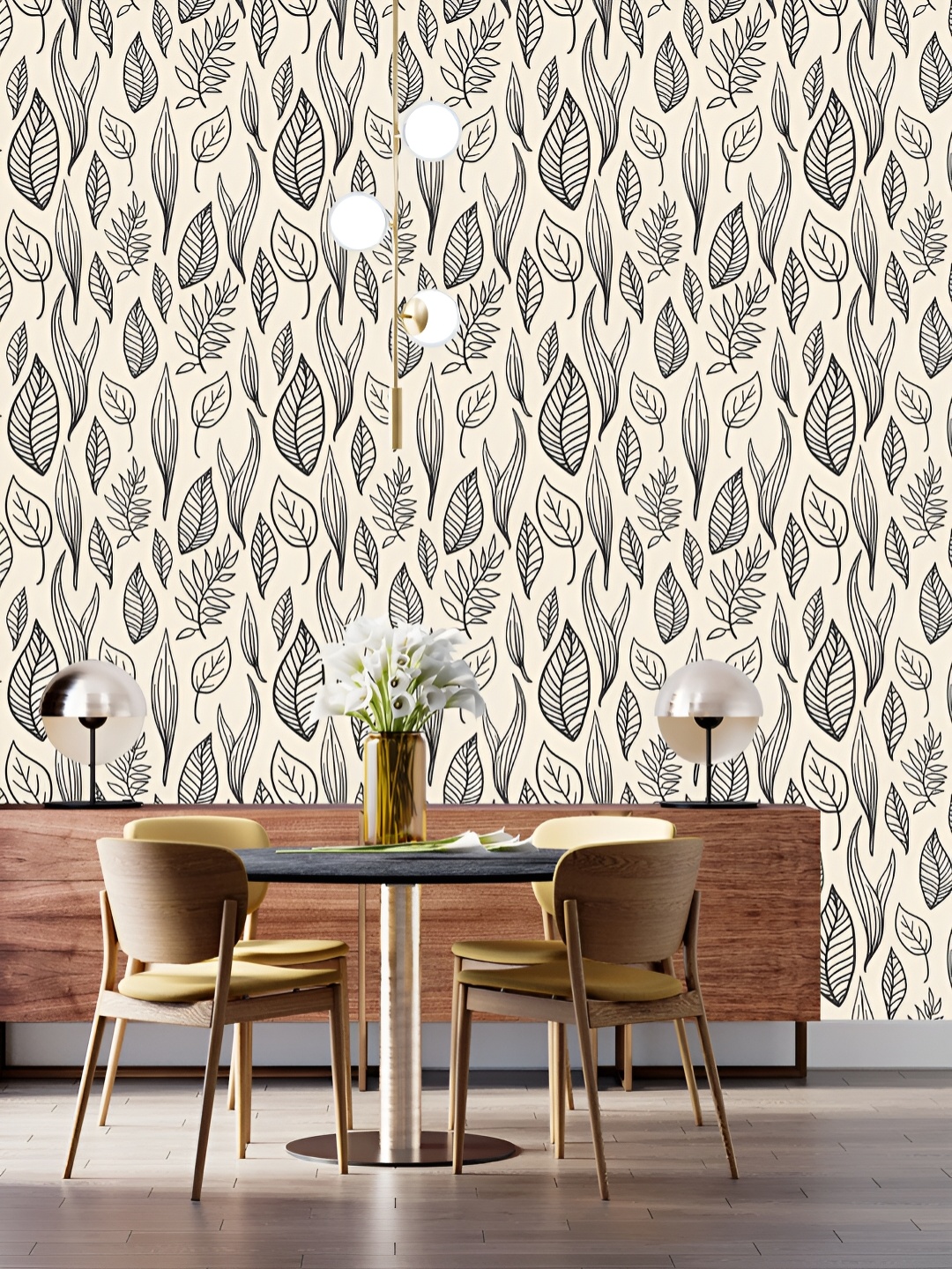 

DWELLSINDIA Black & Beige Leaves Printed Self-Adhesive Wall Grain Textured Wallpaper