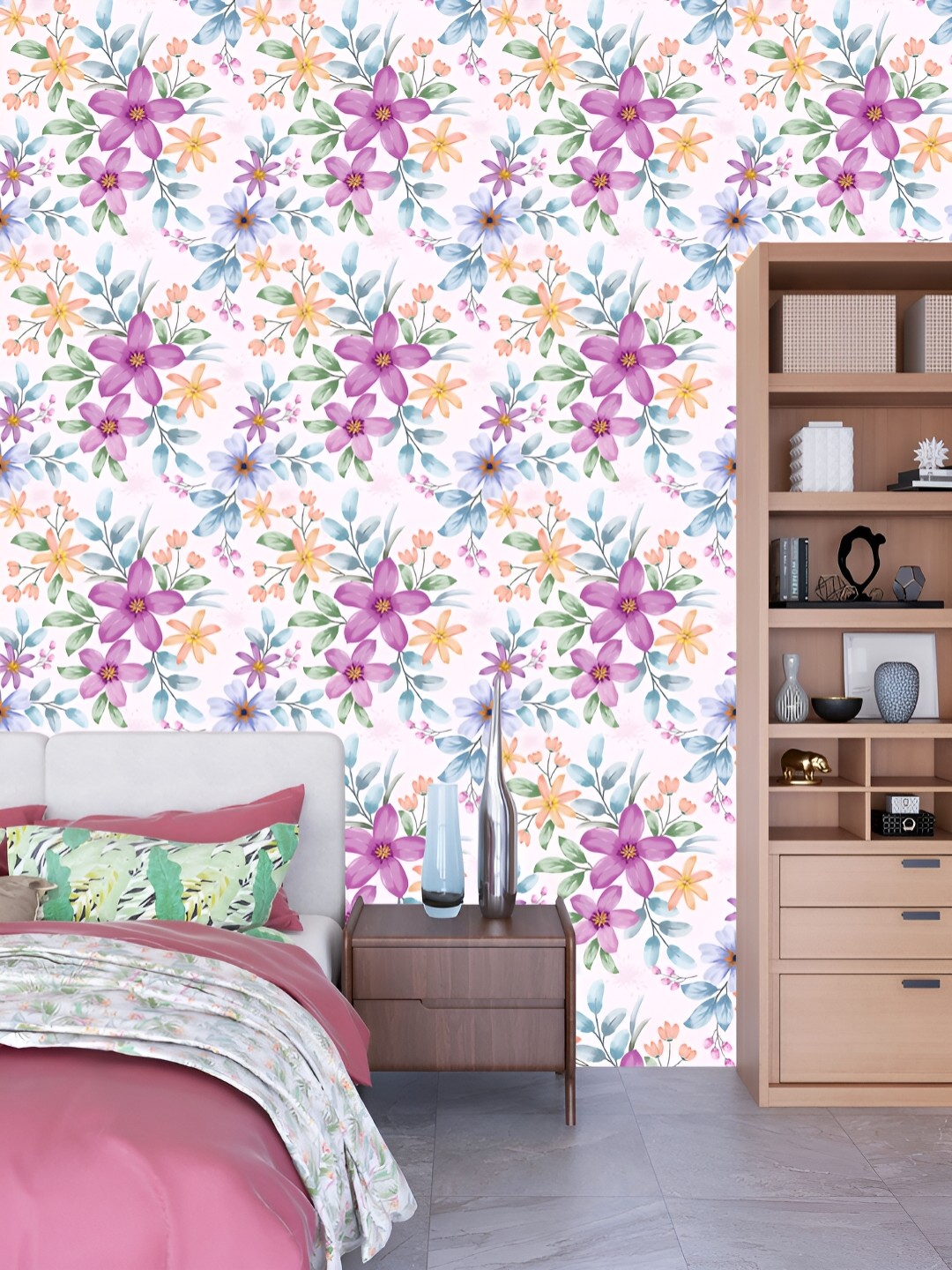 

DWELLSINDIA White & Purple Floral Printed Self-Adhesive Wall Grain Textured Wallpaper