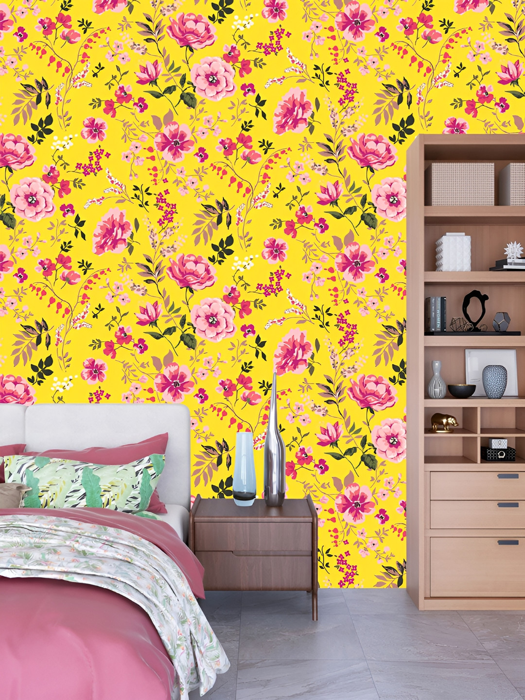 

DWELLSINDIA Yellow & Pink Printed Waterproof Wallpaper