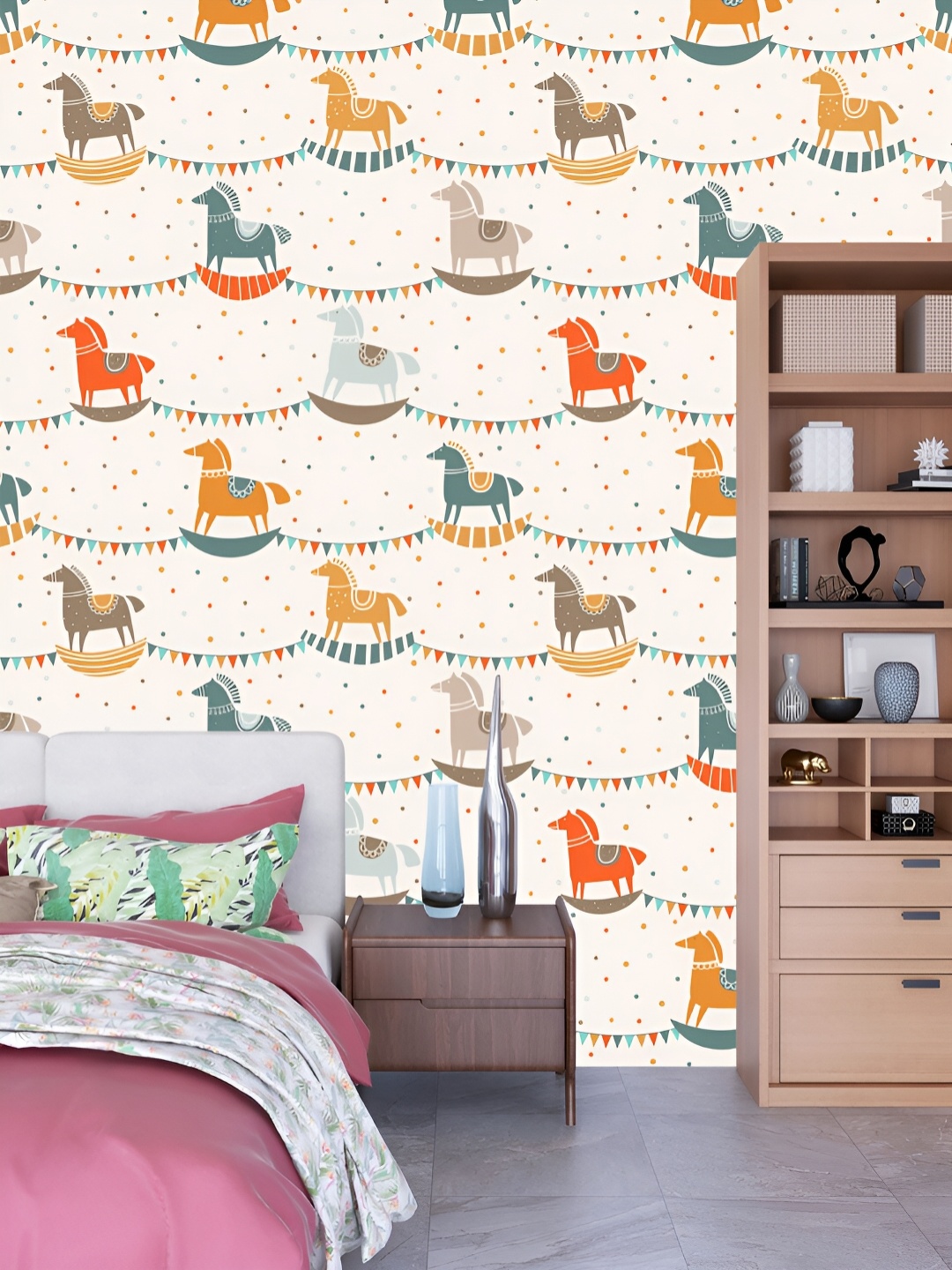 DWELLSINDIA Beige & Green Horse Printed Self-Adhesive Wall Grain Textured Wallpaper
