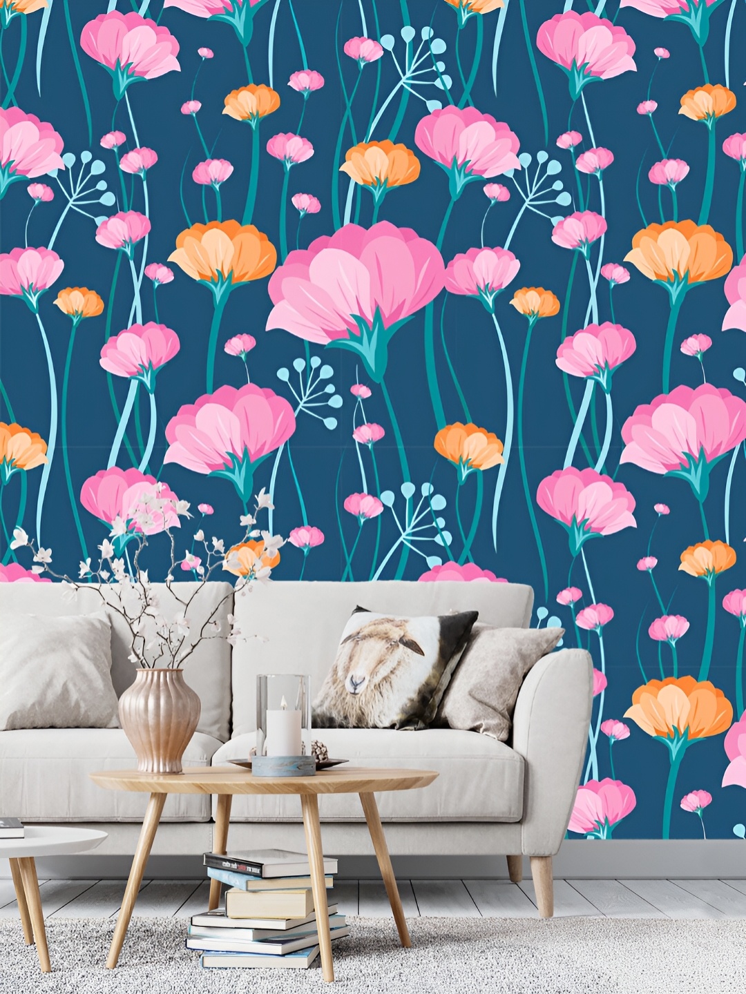 

DWELLSINDIA Blue & Pink Flower Printed Self-Adhesive Wall Grain Textured Wallpaper