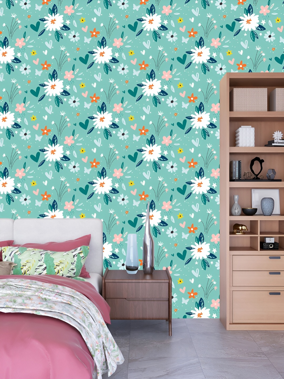 

DWELLSINDIA White & Green Flower Printed Self-Adhesive Wall Grain Textured Wallpaper