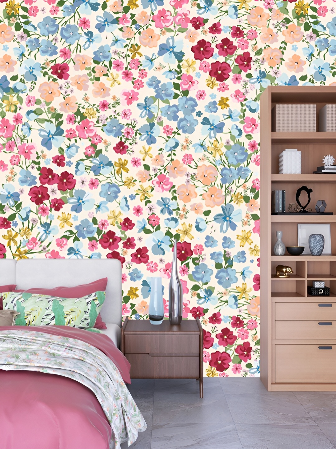 

DWELLSINDIA Beige & Blue Flower Self-Adhesive Wall Grain Textured Wallpaper