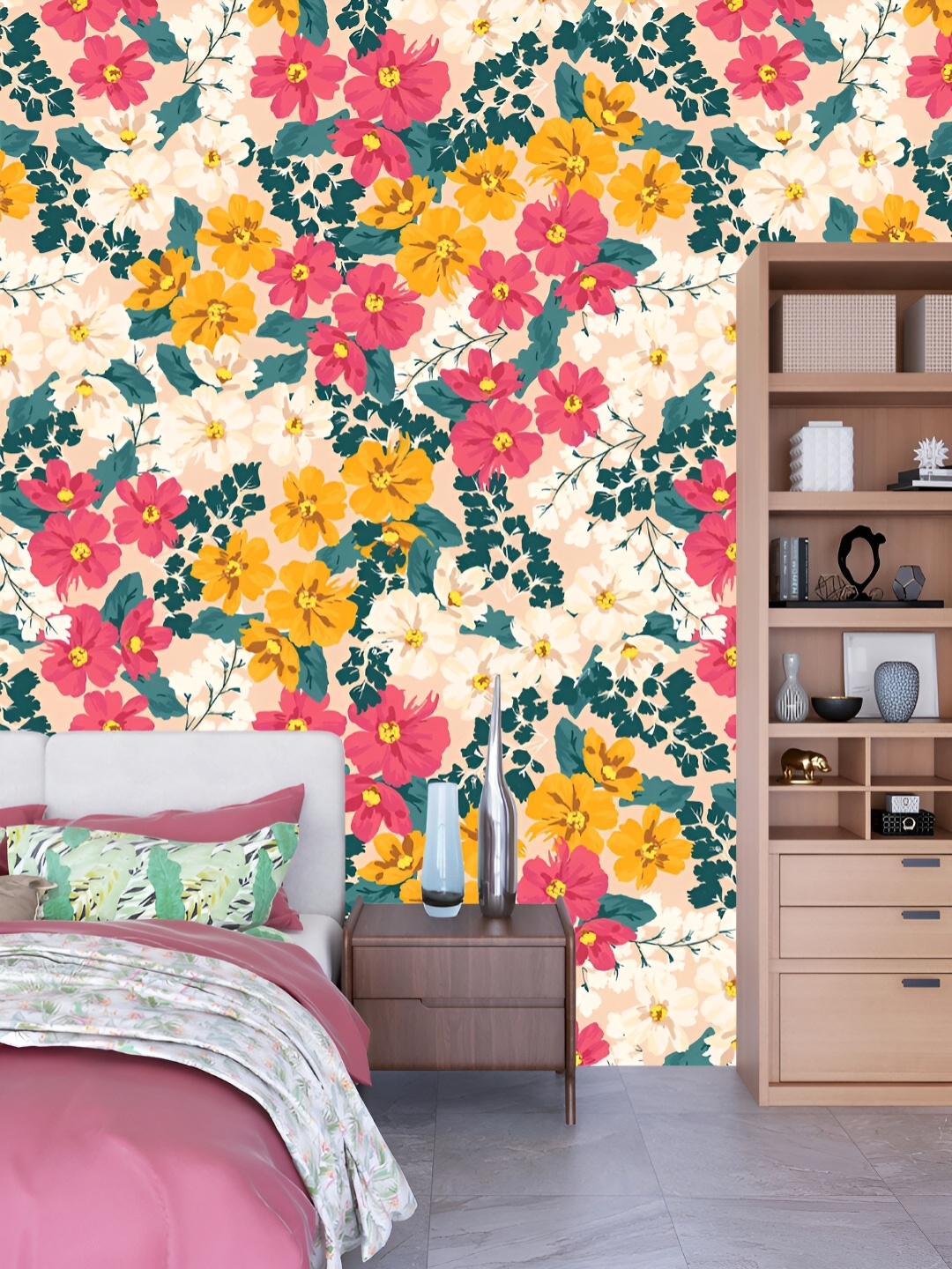

DWELLSINDIA Yellow & Pink Flower Self Adhesive Wall Grain Wallpaper
