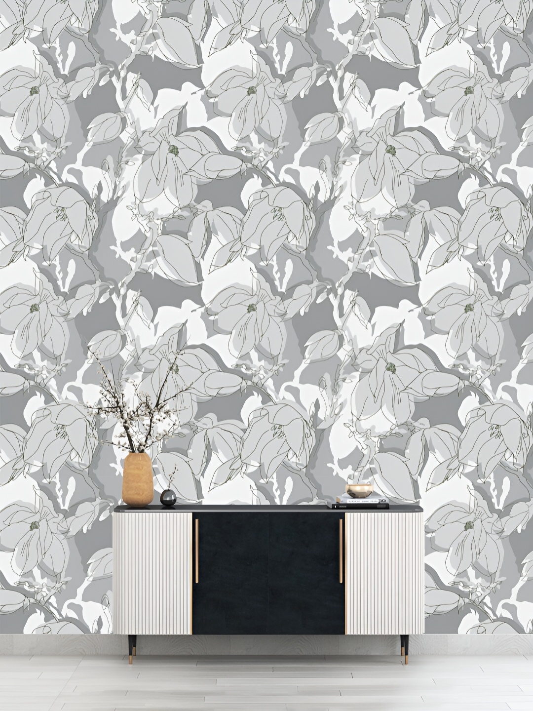 

DWELLSINDIA Grey & White Floral Pattern Self Adhesive Waterproof Removable Wallpaper
