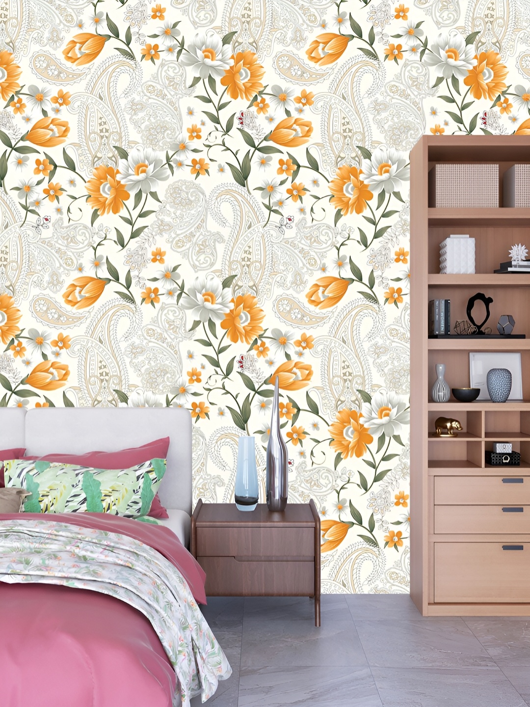 

DWELLSINDIA White & Orange Floral Pattern Self Adhesive Wall Grain Textured Wallpaper