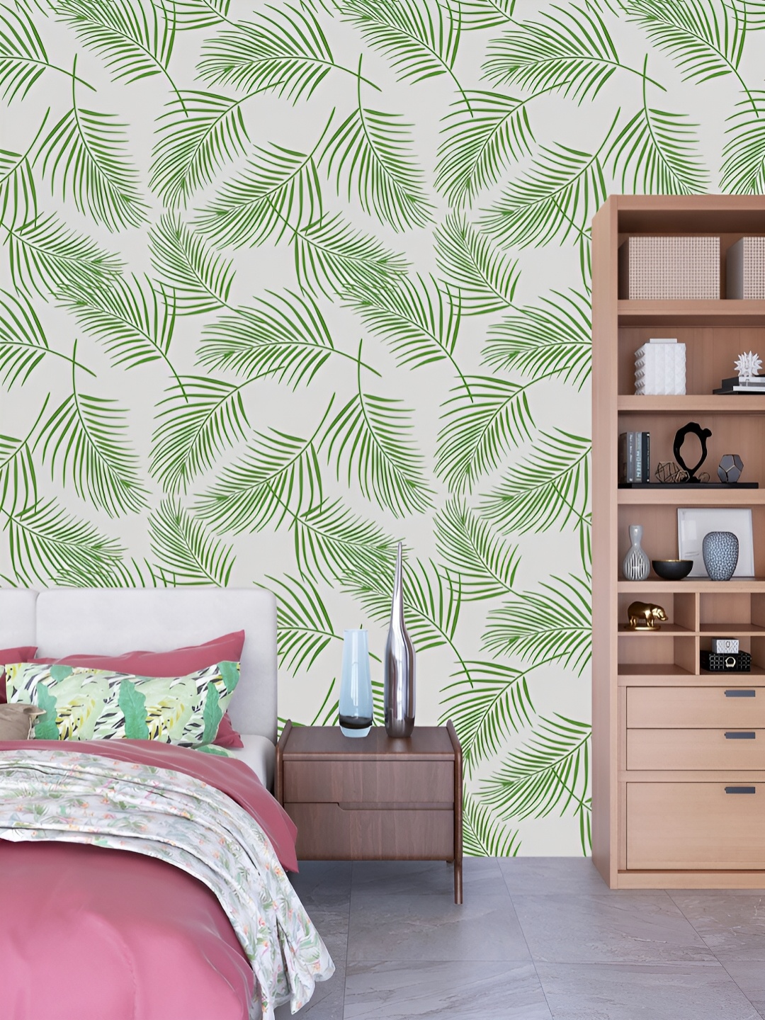 

DWELLSINDIA Grey & Green Leaves-Printed Self Adhesive Wallpaper