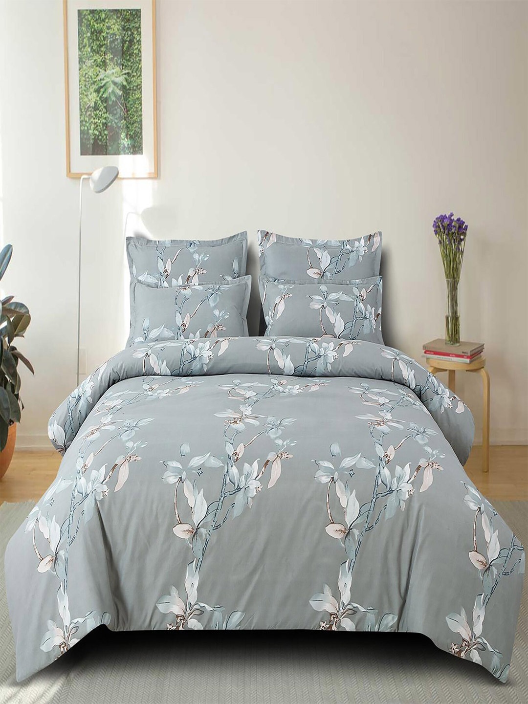 

Hammer Home Grey Floral Cotton 210 TC Queen Bedsheet with 2 Pillow Covers
