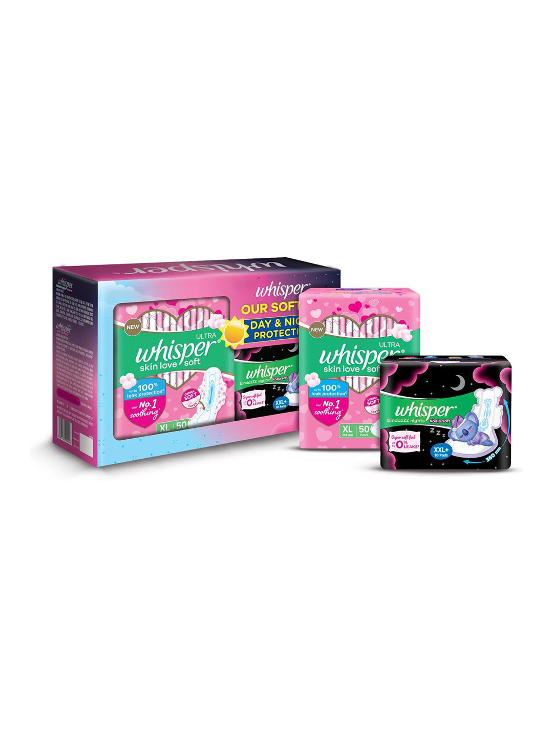 

Whisper Day & Night Protection Combo - Ultra Soft XL & Bindazzz Nights Koala Soft XXL+, Pink