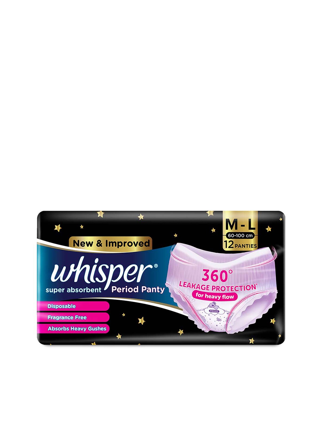 

Whisper Super Absorbent Disposable Flex Fit Period Panties Combo - Size M-L - 12 Pcs, Black
