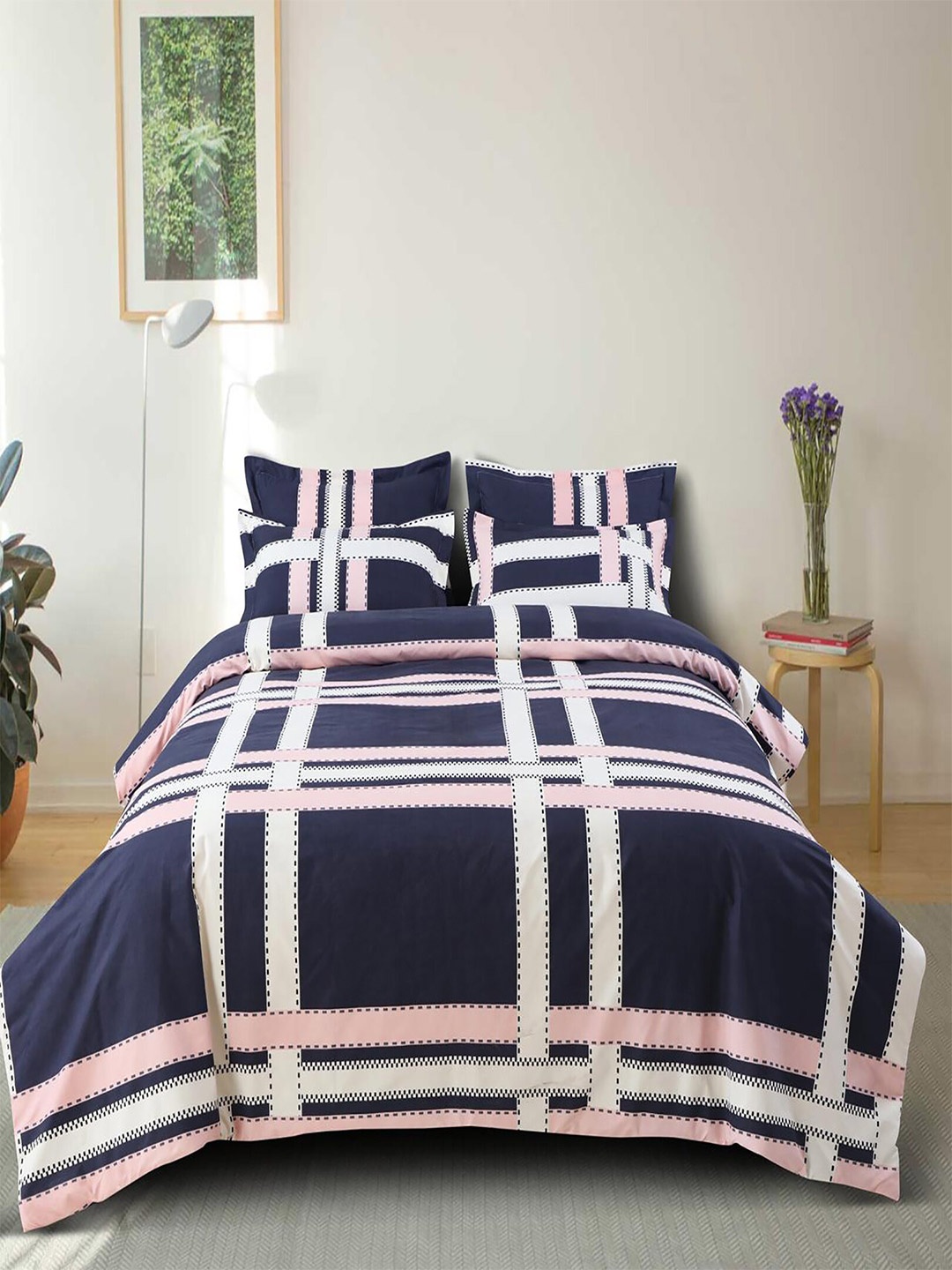 

Hammer Home Navy Blue Geometric Cotton 210 TC Queen Bedsheet with 2 Pillow Covers