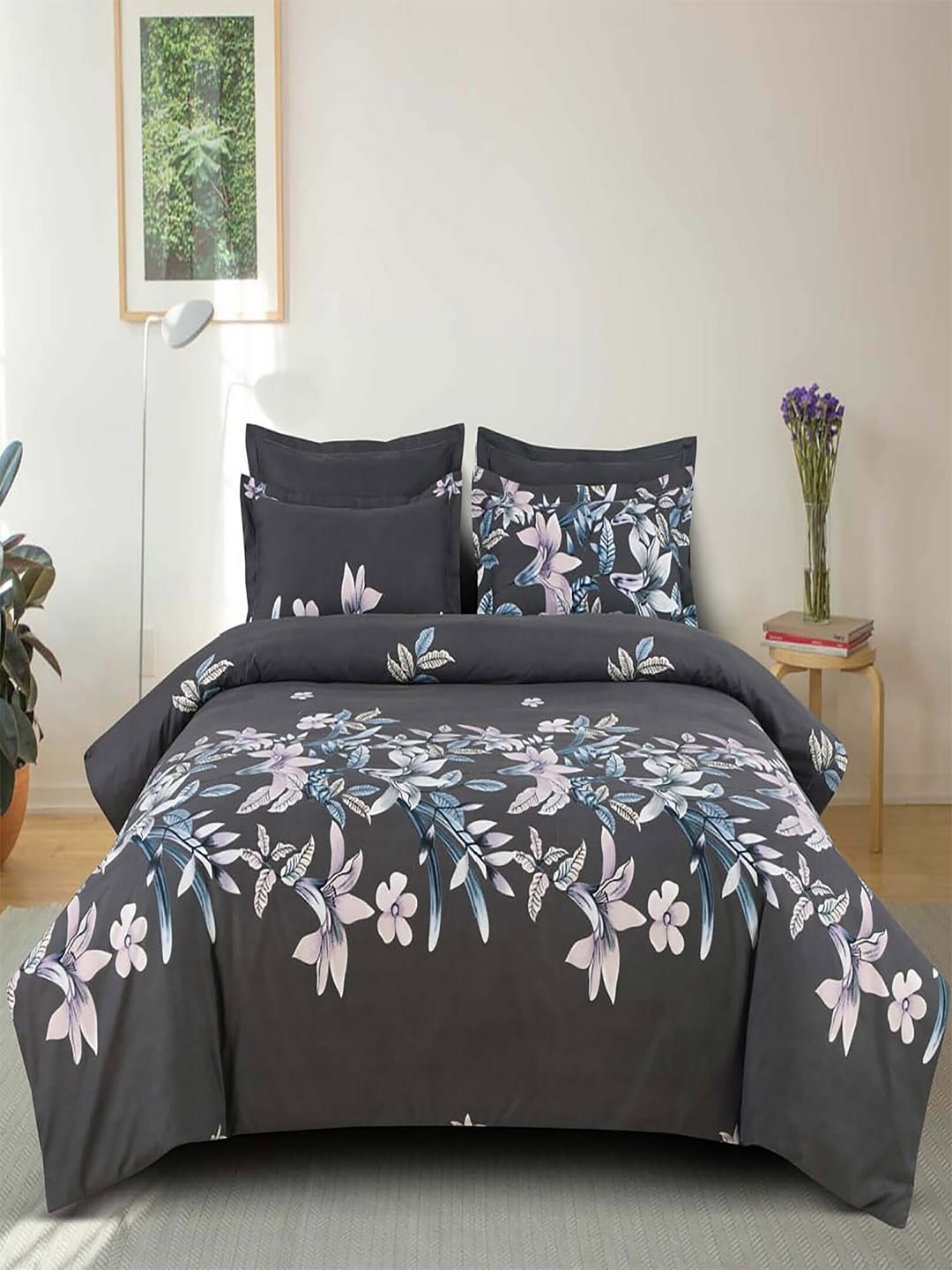 

Hammer Home Grey Floral Cotton 210 TC Queen Bedsheet with 2 Pillow Covers