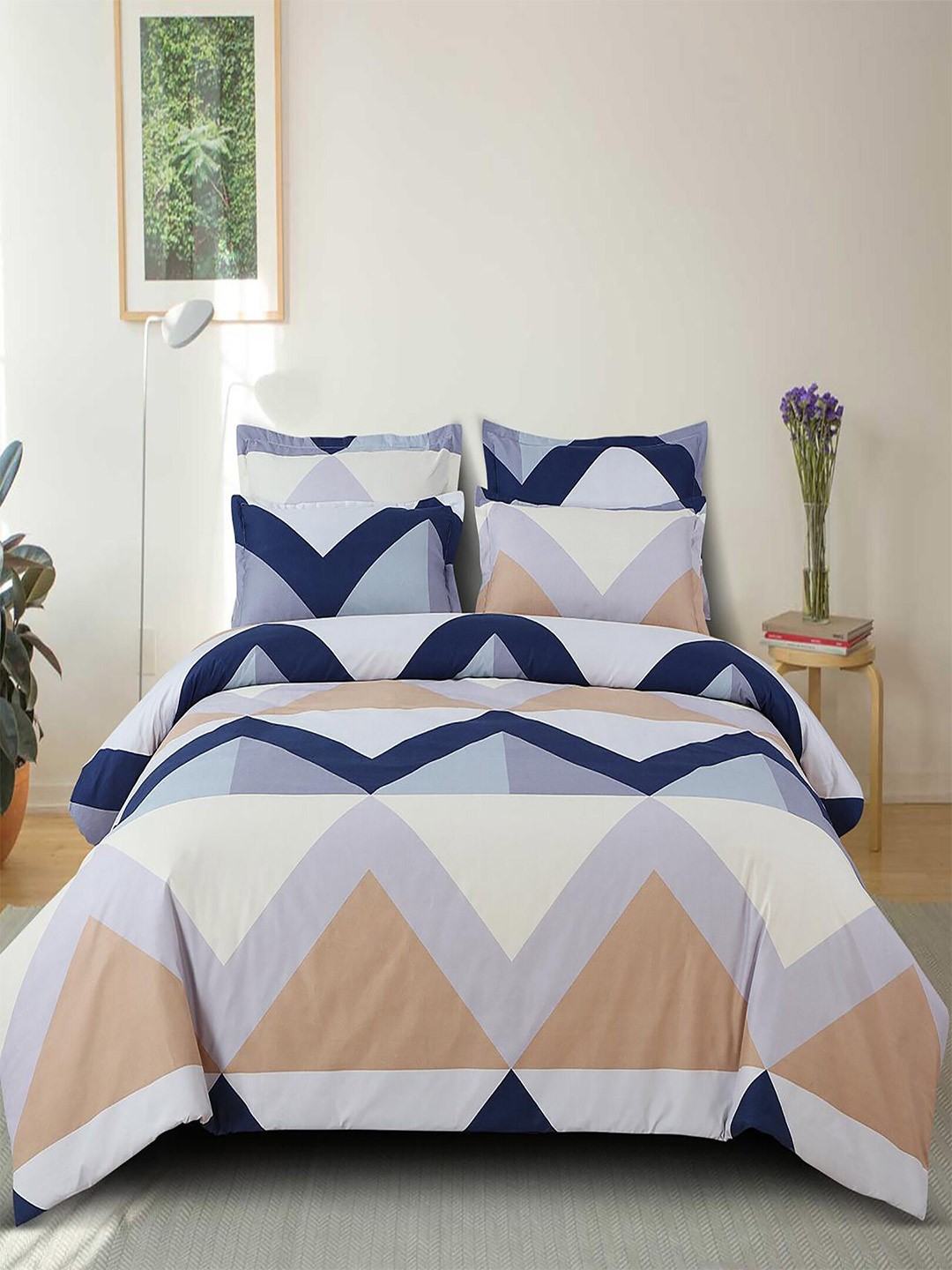 

Hammer Home Geometric Cotton 210 TC Queen Bedsheet with 2 Pillow Covers, White