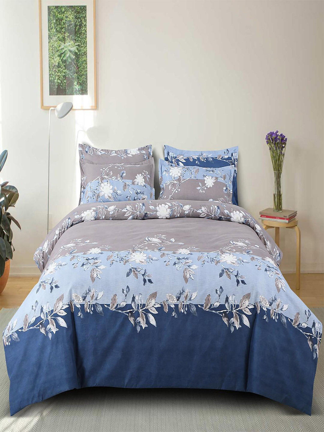 

Hammer Home Grey & Blue Floral Cotton 210 TC Queen Bedsheet with 2 Pillow Covers