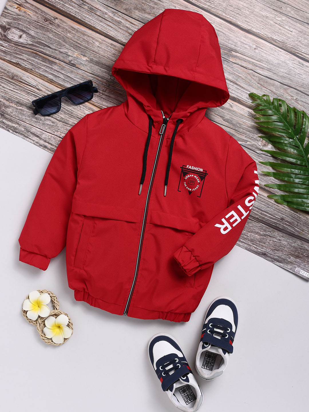 

Toonyport Kids Navy Blue Windcheater and Water Resistant Hooded Bomber Jacket, Red