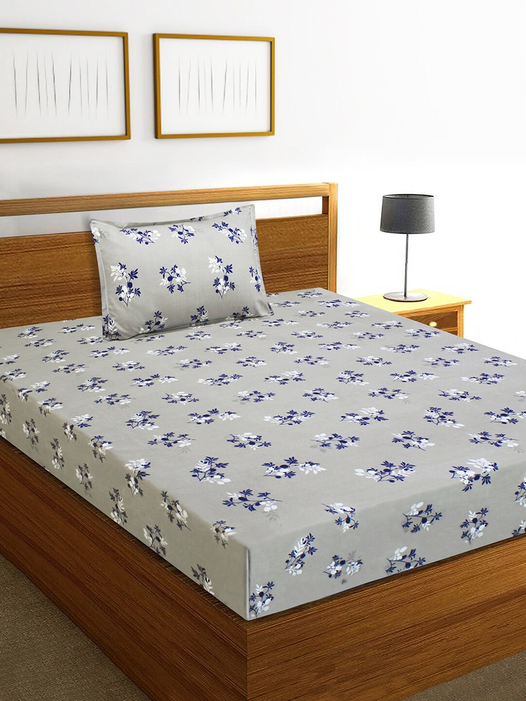 

Aura Grey & White Floral 160 TC Single Bedsheet with 1 Pillow Covers