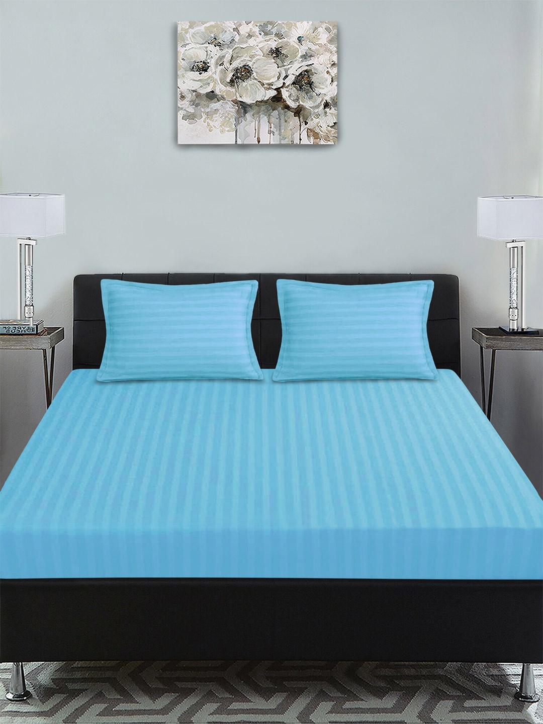 

Aura Blue Striped Cotton 300 TC King Bedsheet with 2 Pillow Covers