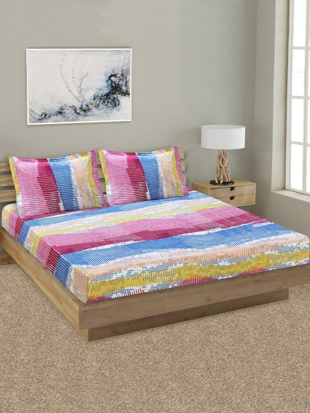 

Aura Blue & Pink Abstract Printed Cotton 144 TC King Bedsheet With 2 Pillow Covers