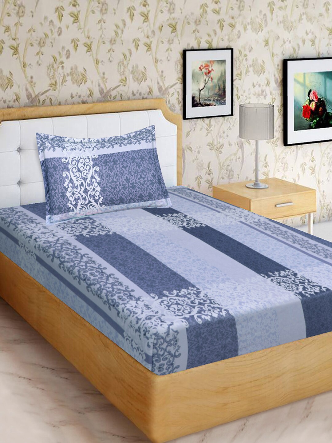 

Aura Blue & White Striped Microfibre 160 TC Single Bedsheet with 1 Pillow Cover