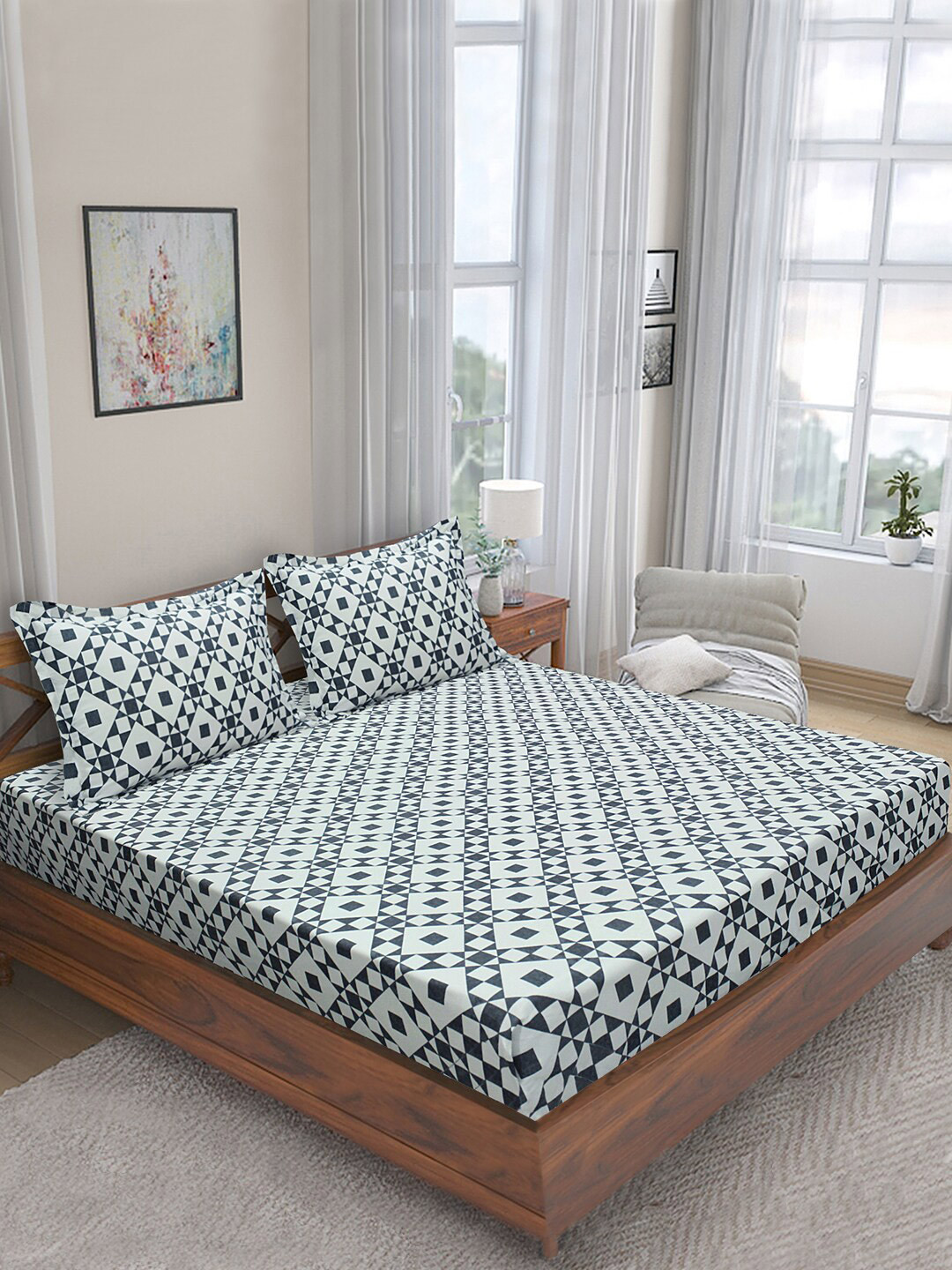 

Aura Black & White Geometric Pure Cotton 210 TC King Bedsheet with 2 Pillow Covers