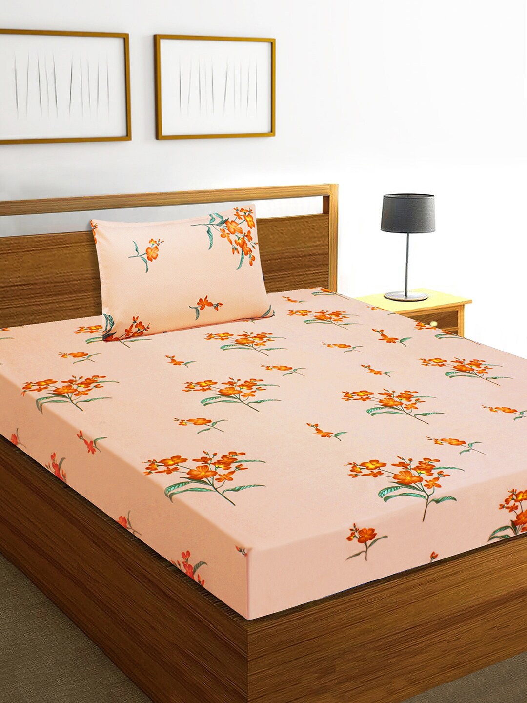 

Aura Floral Printed 160 TC Single Bedsheet with 1 Pillow Cover, Peach