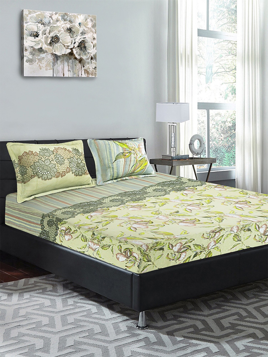 

Aura Green & Yellow Floral Printed Cotton 210 TC King Bedsheet With 2 Pillow Covers