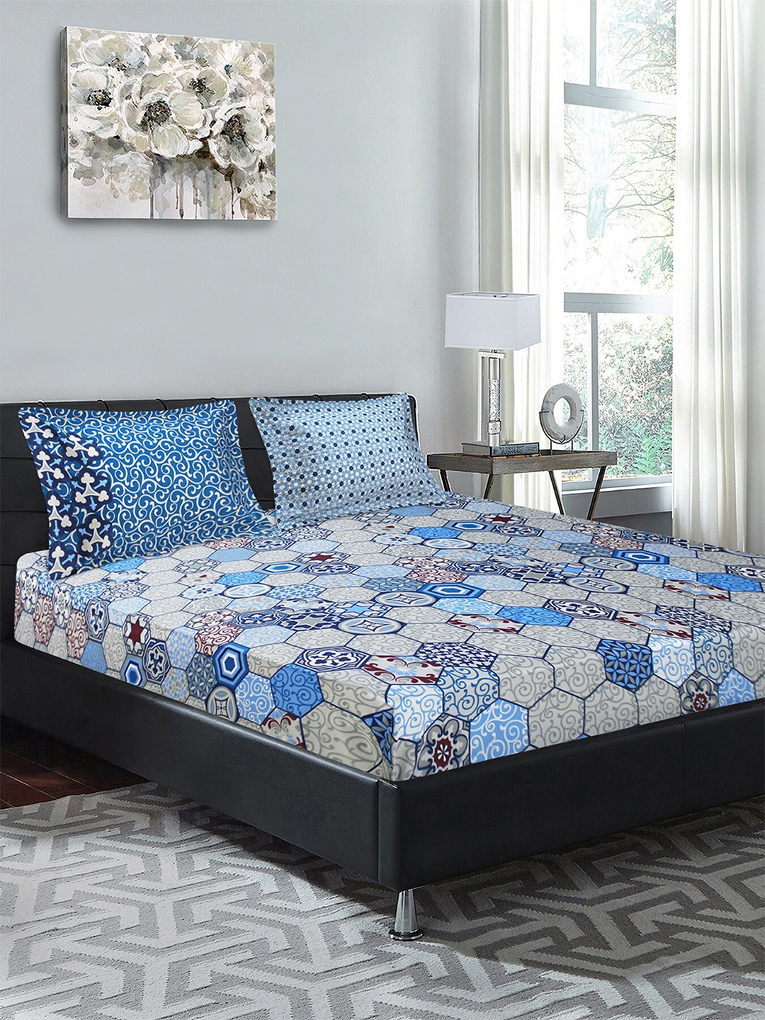 

Aura Blue & Grey Ethnic Motifs Printed Cotton 210 TC King Bedsheet With 2 Pillow Covers