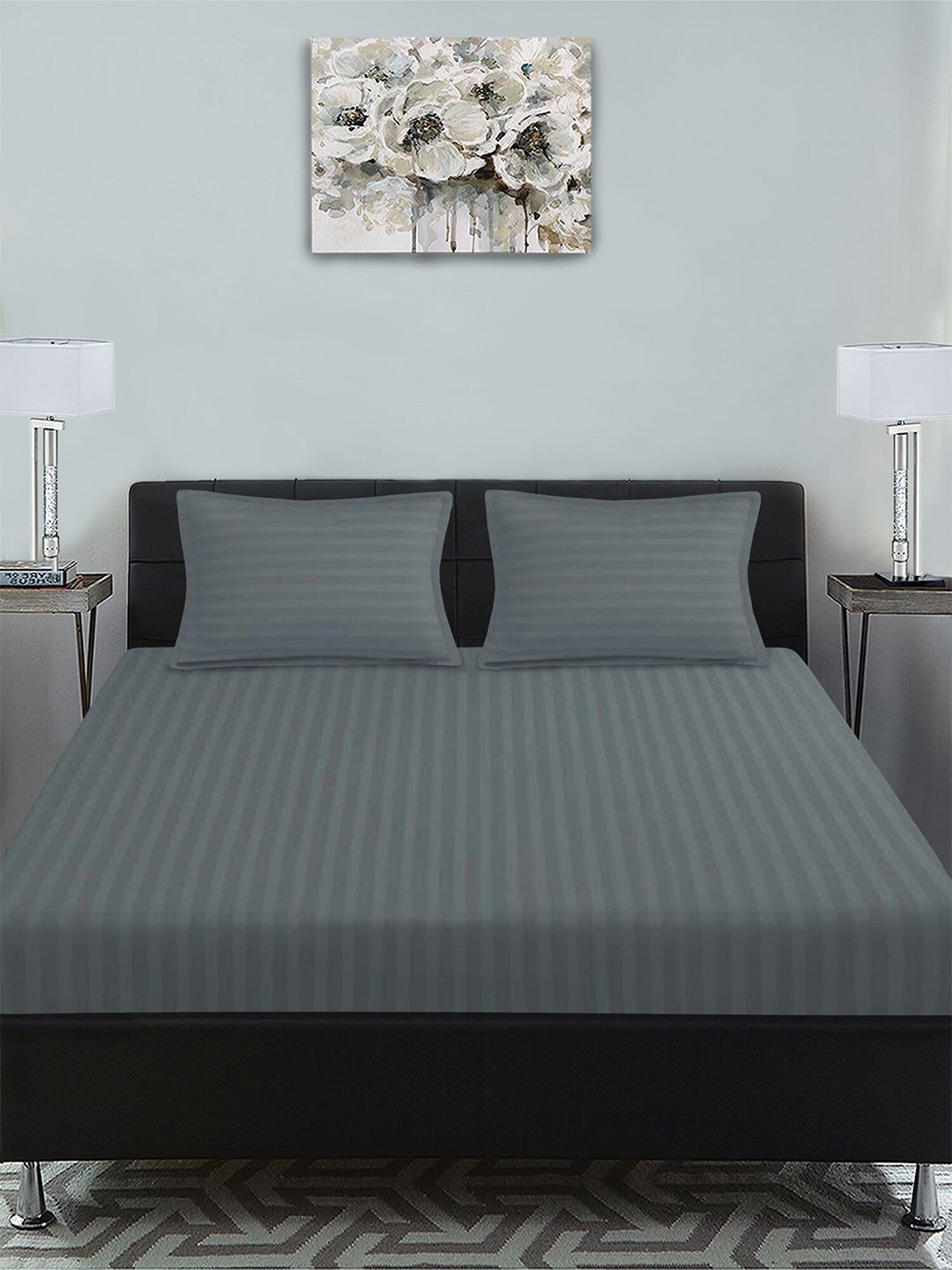 

Aura Grey Striped Pure Cotton 300 TC King Bedsheet with 2 Pillow Covers