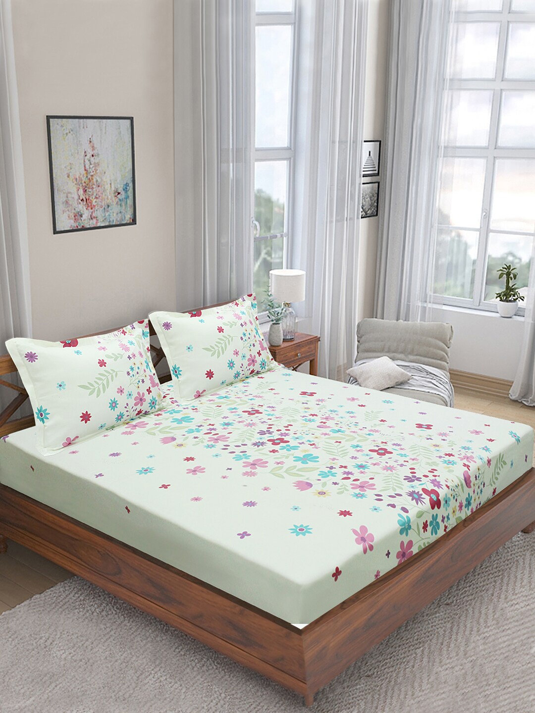 

Aura Green & Pink Floral Printed Cotton 210 TC King Bedsheet With 2 Pillow Covers