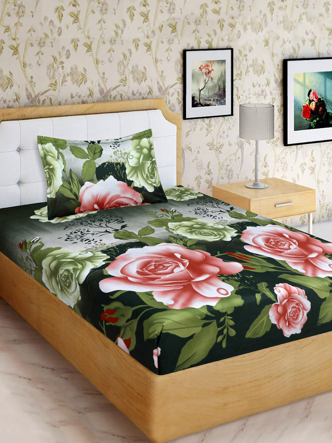 

Aura Green & Red Floral Microfiber 160 TC Single Bedsheet with 1 Pillow Covers