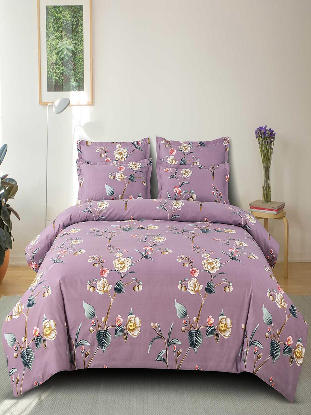 

Hammer Home Mauve Floral Cotton 210 TC Queen Bedsheet with 2 Pillow Covers