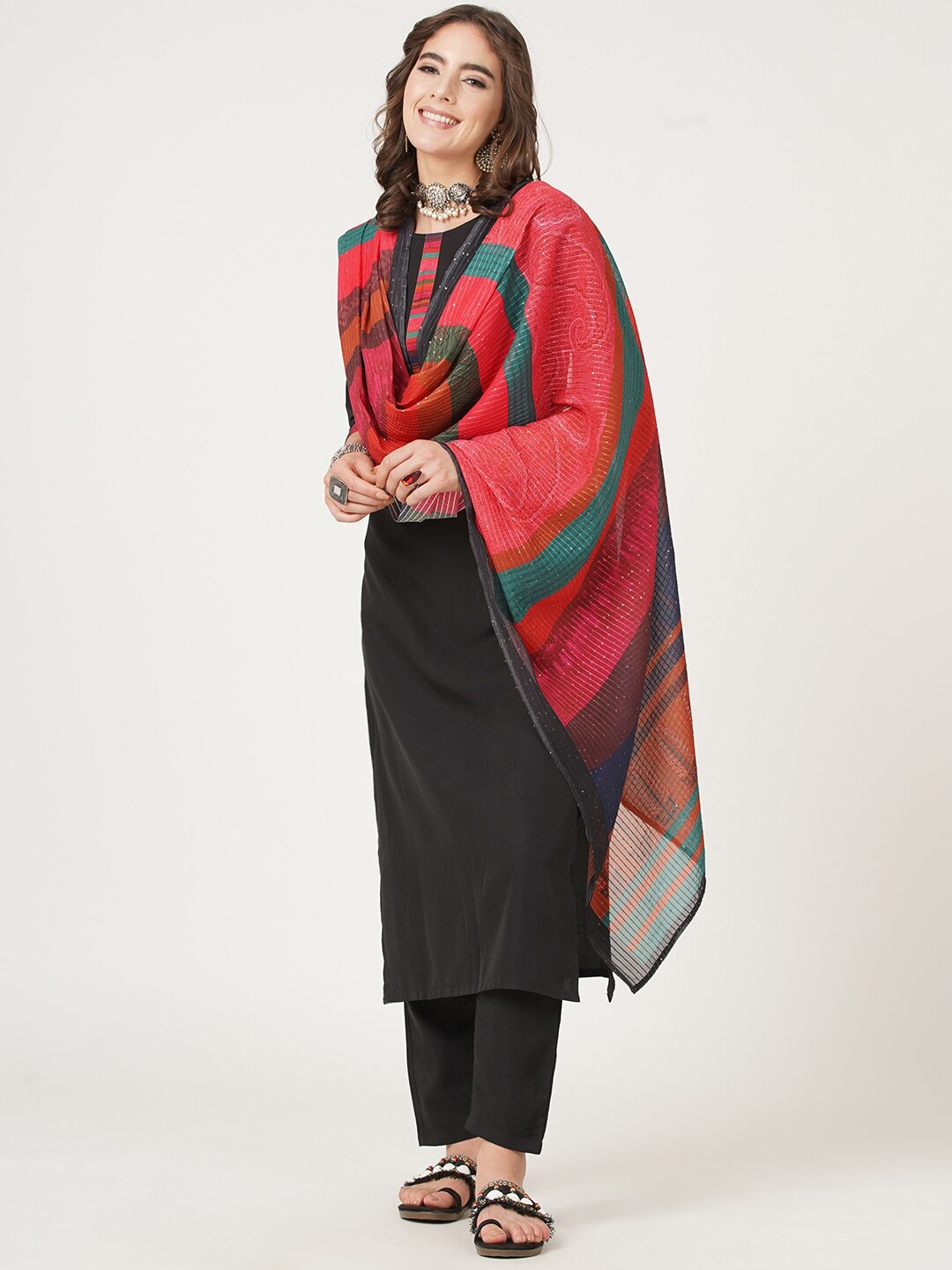 

DIVASTRI Ethnic Motifs Yoke Design Kurta & Trouser With Dupatta, Black